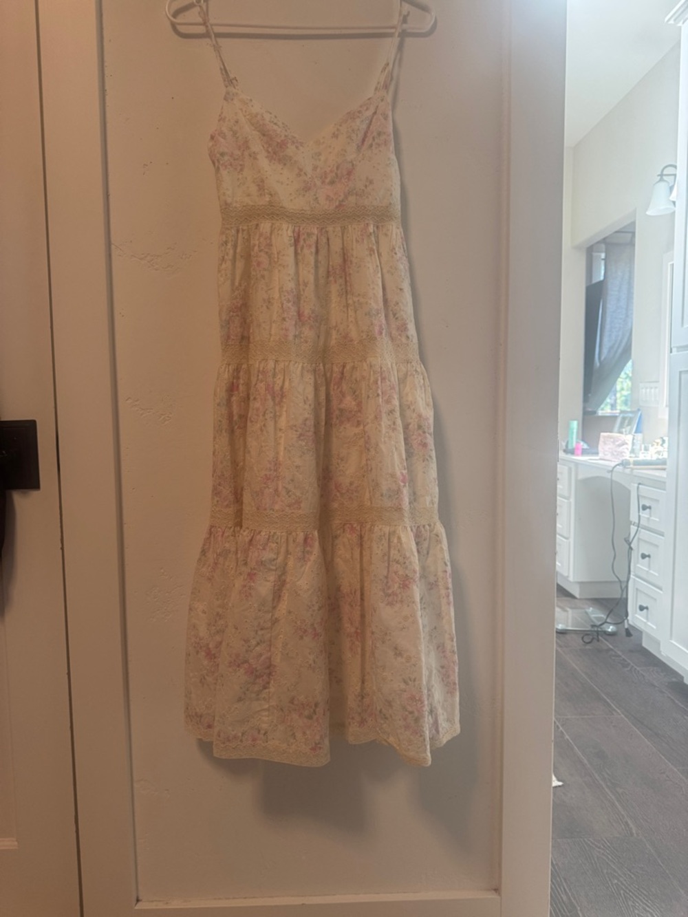 Altar'd State Cream Floral Tiered Sundress with Pink Accents